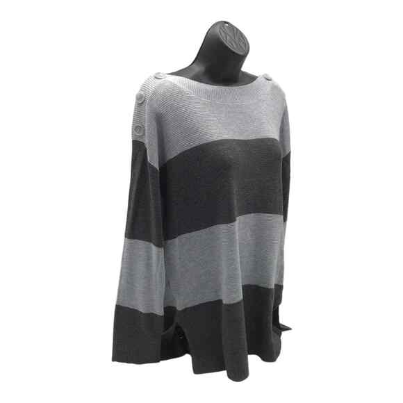 Vince Camuto Women’s Medium Gray Black Stripe Sweater Button Shoulder NWOT - Picture 6 of 15